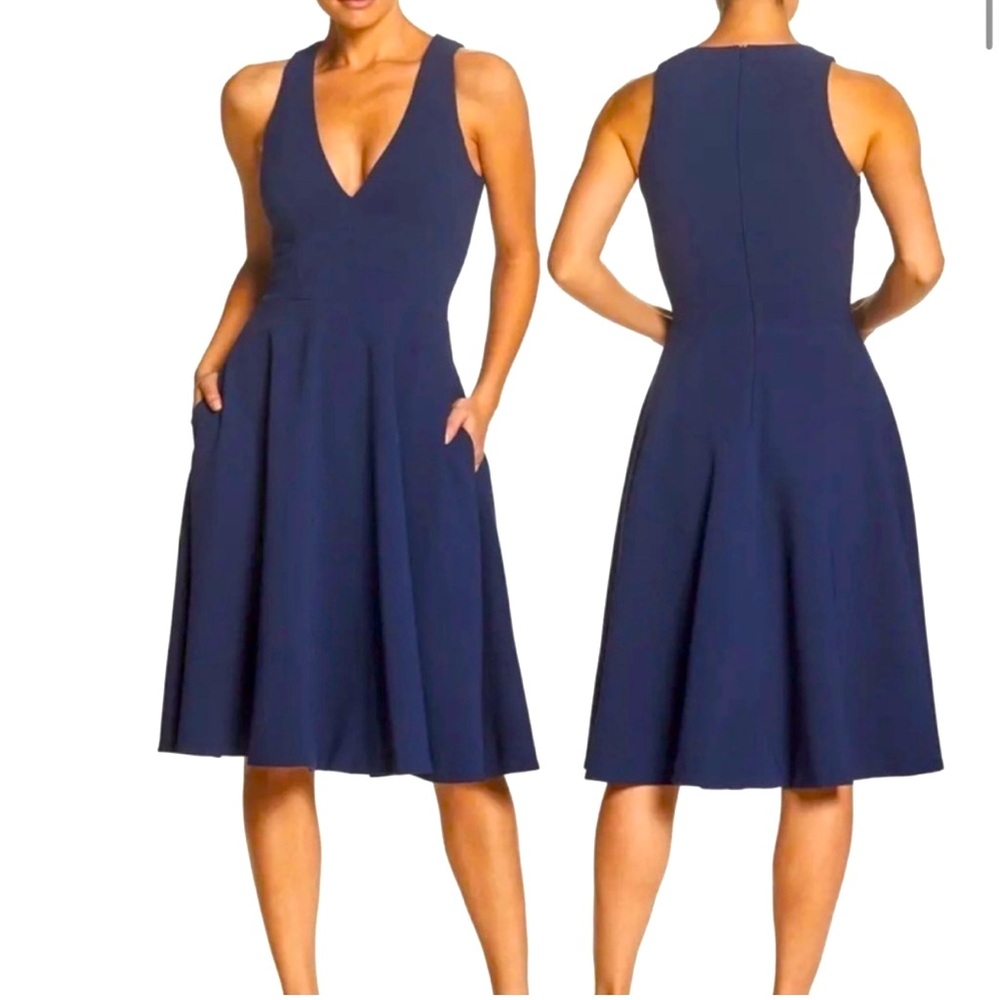 DRESS THE POPULATION navy blue Catalina crepe v-neck fit-and-flare dress XXL